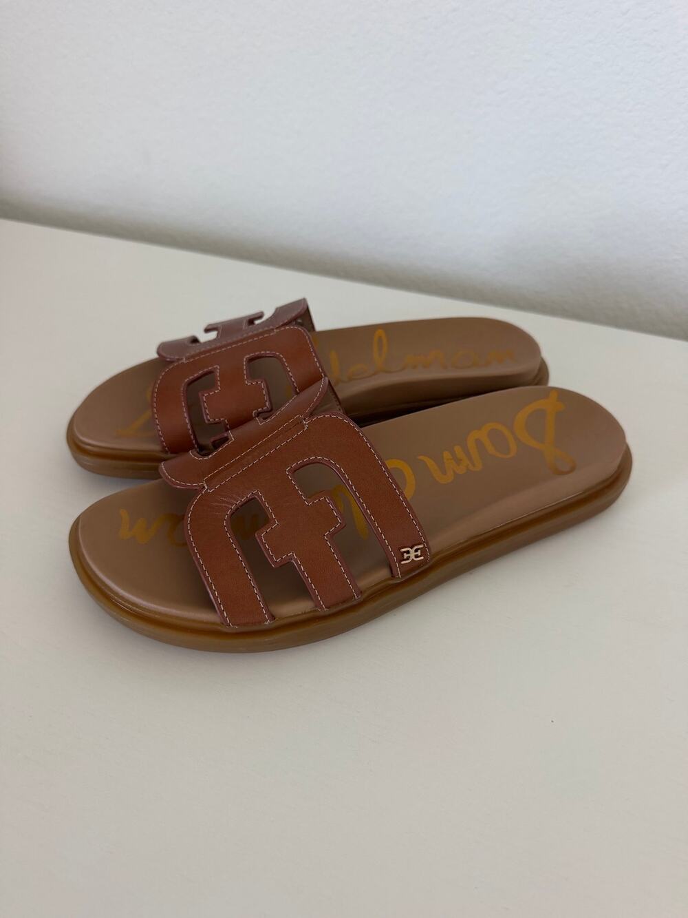 Sam Edelman Valeri Platform Leather Brown Slide Sandals size 7.5 resort wear